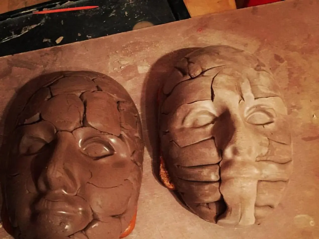 In this image I can see two masks one is in brown color and the other is in cream color on some...