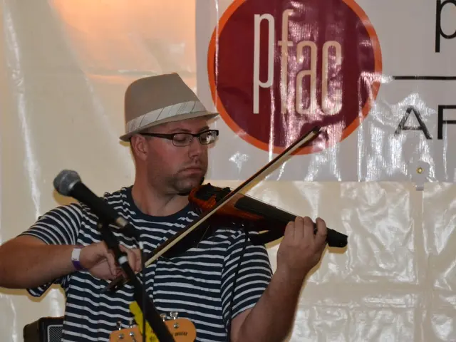 In this picture there is a man who is playing a violin. There is a mic.