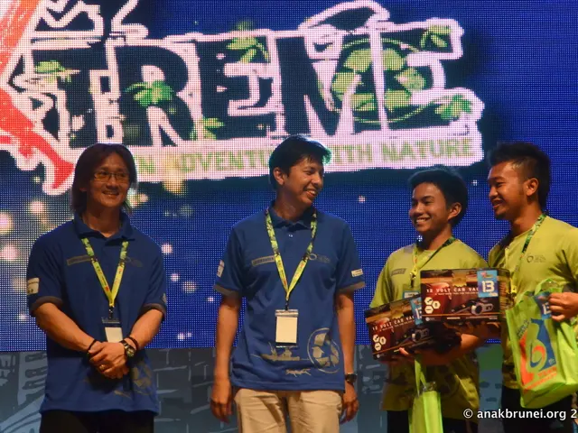 Here, we can see some people standing and they are wearing id cards, in the background we can see a...