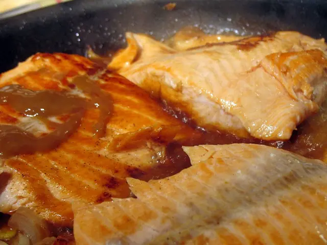 In this image there is a meat with sauce on it in a pan.
